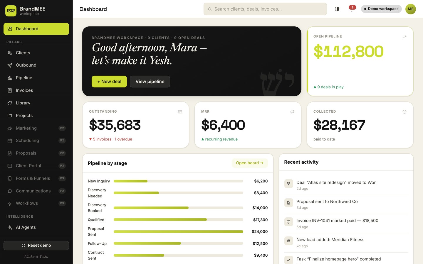 Yesh dashboard, BrandMEE workspace